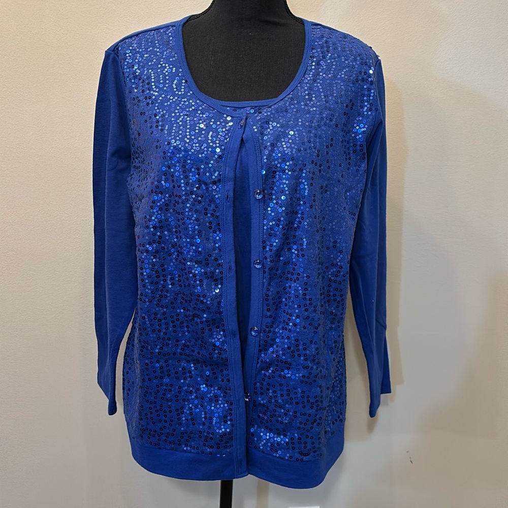 Quacker Factory‎ Women’s Blue Sequence Button up Cardigan with mock tank size L